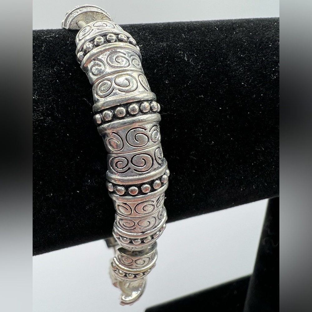 Greek Inspired Art Deco Barrel Silvertone Bracelet